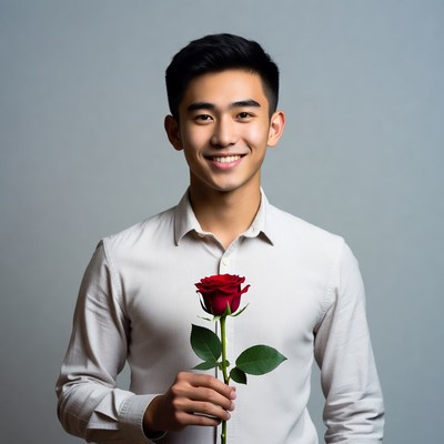 Asian man holding red rose