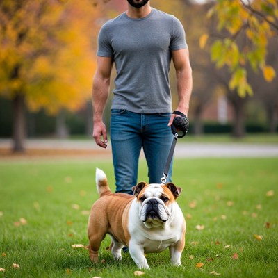Man walking bulldog in autumn park