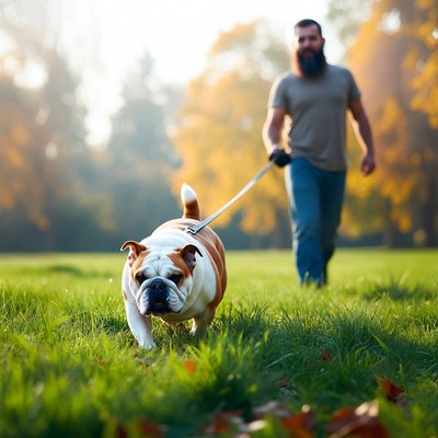 Bearded man walking bulldog in autumn park
