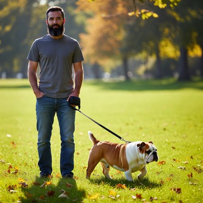 Bearded man walking bulldog in autumn park