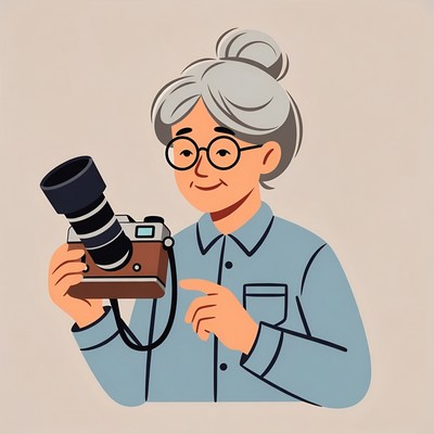 Elderly Asian woman holding camera