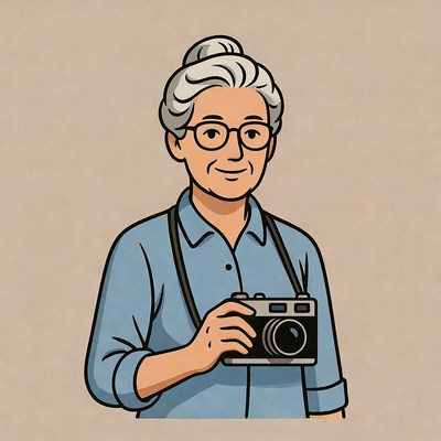 Elderly woman holding vintage camera
