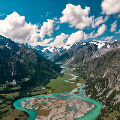 Turquoise River in Snowy Mountain Valley