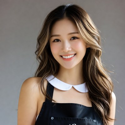 Asian woman smiling in black apron
