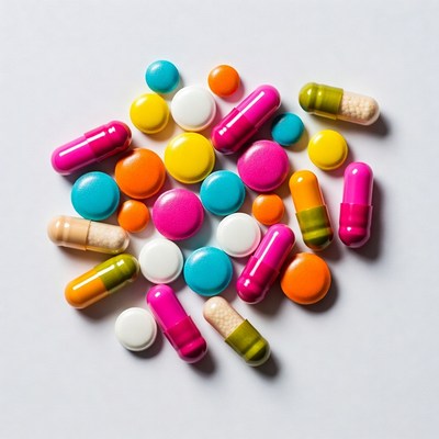 Colorful pills scattered on white background