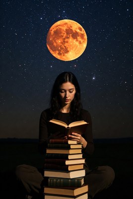 Woman reading books under orange moon