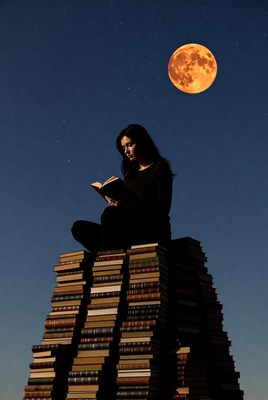 Woman reading on stack of books under moon