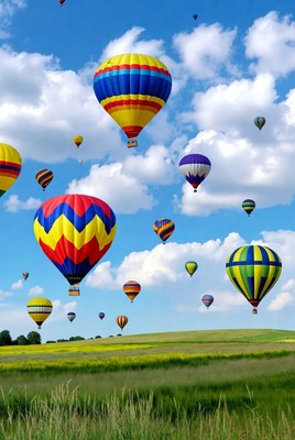 Colorful hot air balloons over green fields