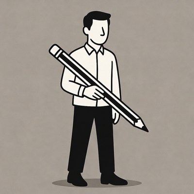 Man holding giant pencil