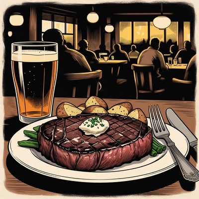 Steak Dinner with Beer in Restaurant