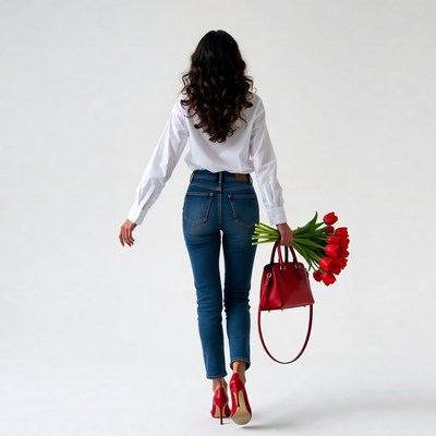 Woman walking with tulips and red bag