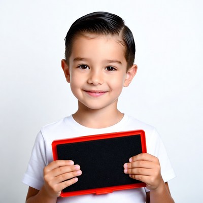 Boy holding blank red chalkboard