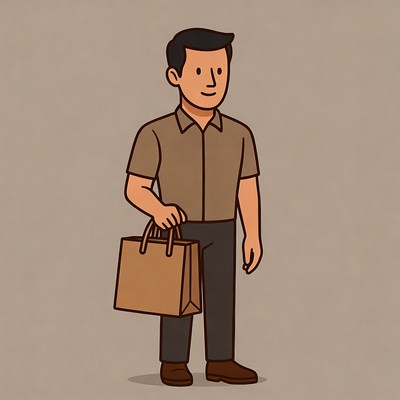 Cartoon man holding brown shopping bag