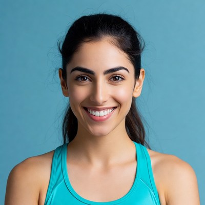 Smiling Middle Eastern woman in turquoise tank top
