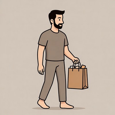 Man walking barefoot holding shopping bag