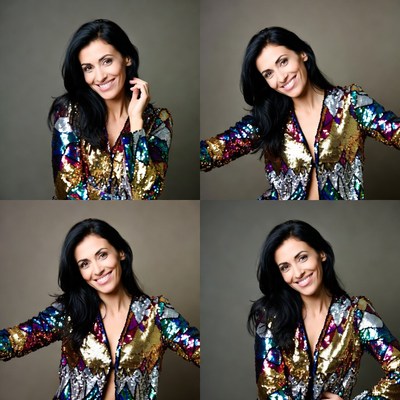 Smiling woman in sequin jacket