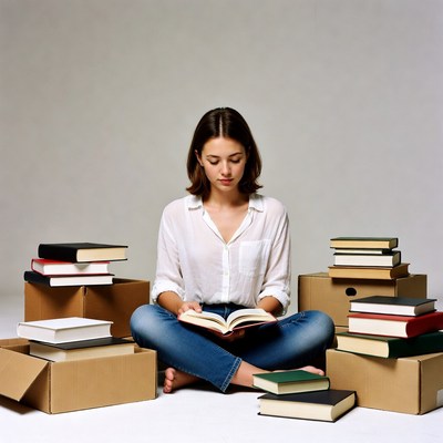 Woman reading book surrounded by boxes