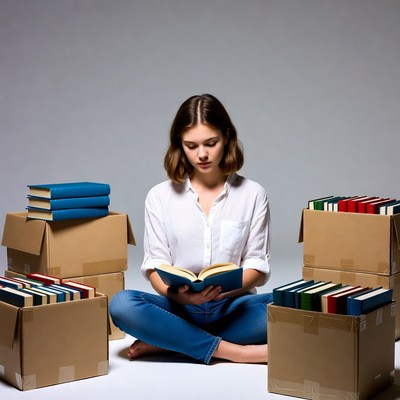 Woman reading book surrounded by boxes