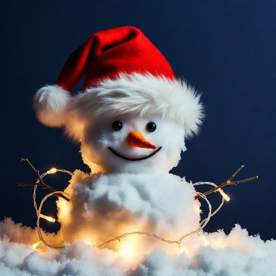 Snowman wearing Santa hat with lights