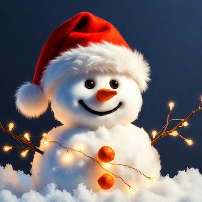 Snowman wearing Santa hat with lights