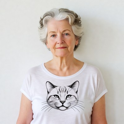Elderly woman wearing cat t-shirt