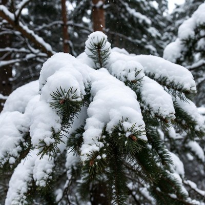 Snow-covered pine branches