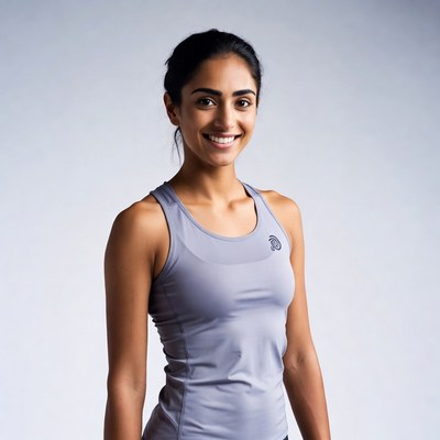 Smiling Asian woman in gray tank top