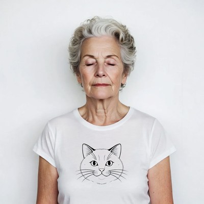Elderly woman wearing cat t-shirt