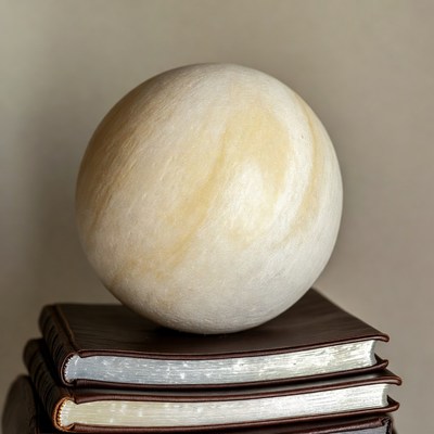 White marble sphere on stacked books