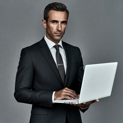 Man in suit holding laptop