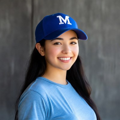 Smiling Asian girl in blue M cap
