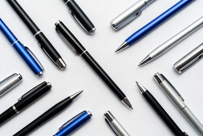 Assortment of black blue silver pens