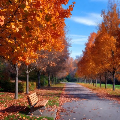 Autumn Park Path with Wooden Bench
