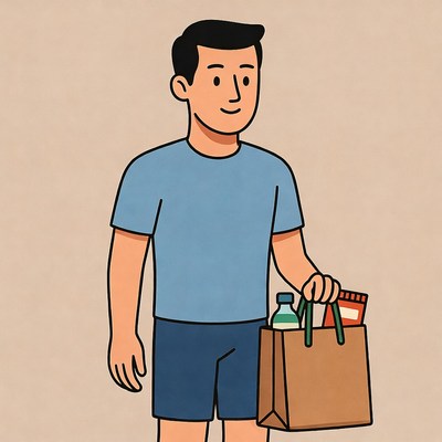 Man holding shopping bag with snacks