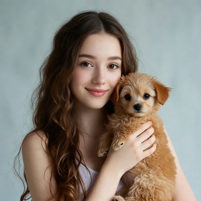 Young woman holding fluffy puppy