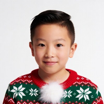 Asian boy in Christmas sweater