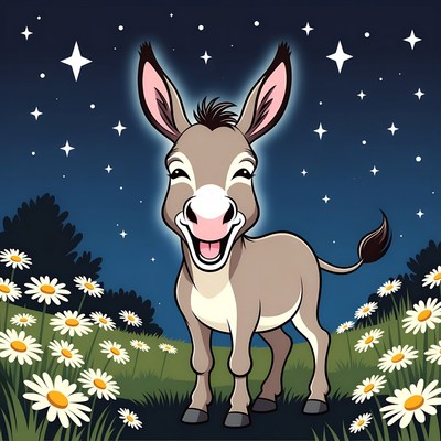 Cartoon Donkey Smiling in Starry Field