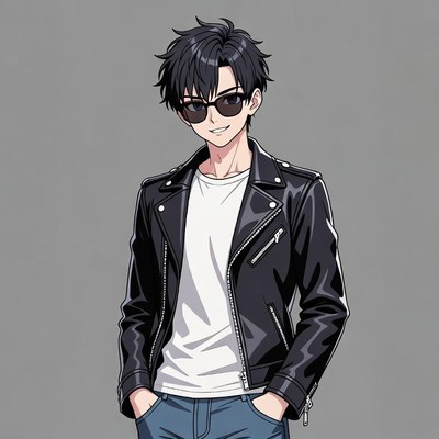 Anime boy in leather jacket and sunglasses