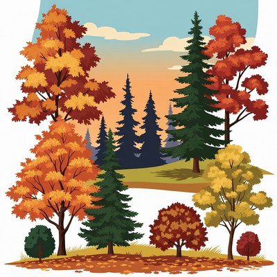 Autumn Forest with Colorful Trees Illustration