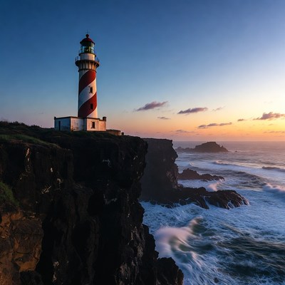Red White Striped Lighthouse on Cliff