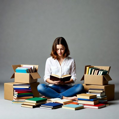Woman reading book surrounded by stacks