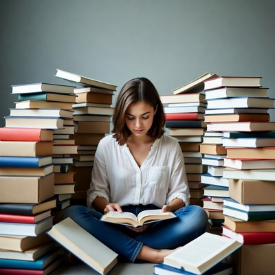 Young woman reading surrounded by books