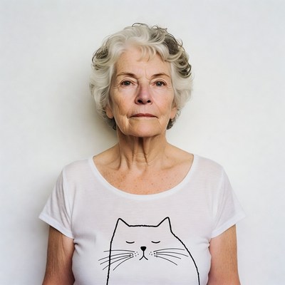 Elderly woman wearing cat t-shirt