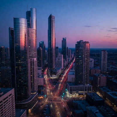 City skyline at sunset with traffic