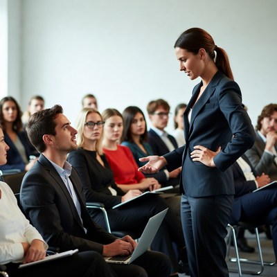 Woman presenting to business meeting audience