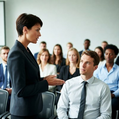 Woman speaking to man in meeting
