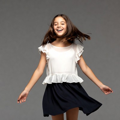 Girl twirling in white blouse black skirt