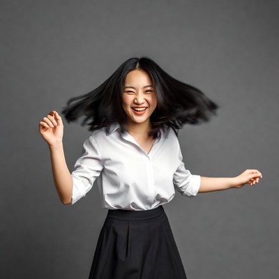 Asian girl smiling with hair flying