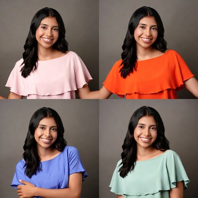 Smiling Latina woman in four colored tops