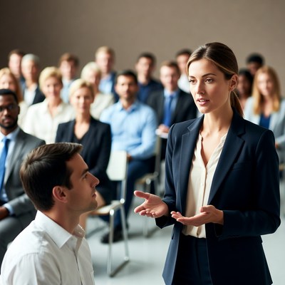 Woman speaking to man in conference